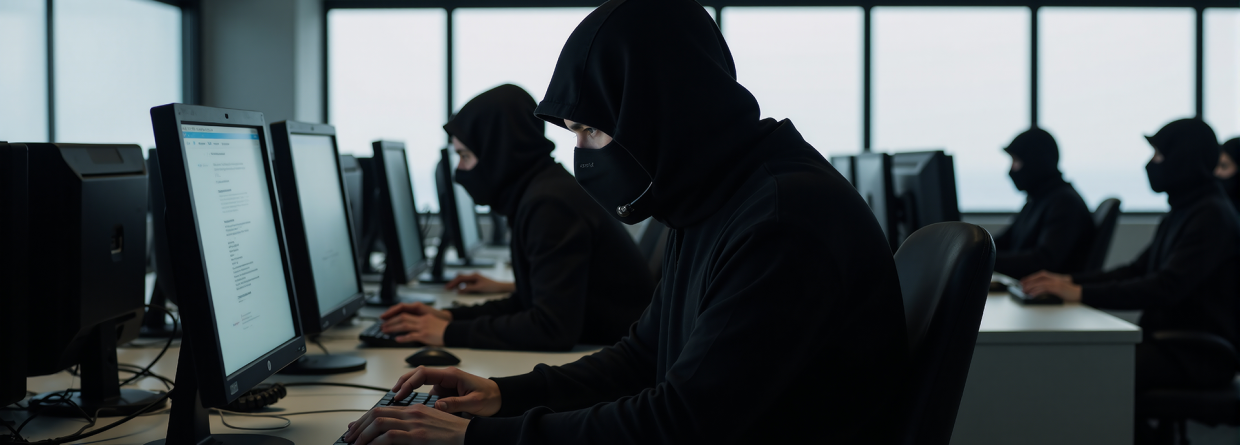 Medewerkers op kantoor werkend achter de computer met capuchon en masker op