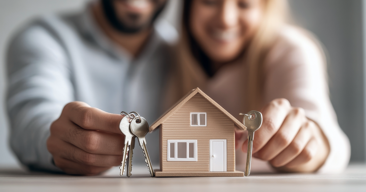 Een blij stel houdt de sleutels van hun woning vast met op de voorgrond een afbeelding van een huis