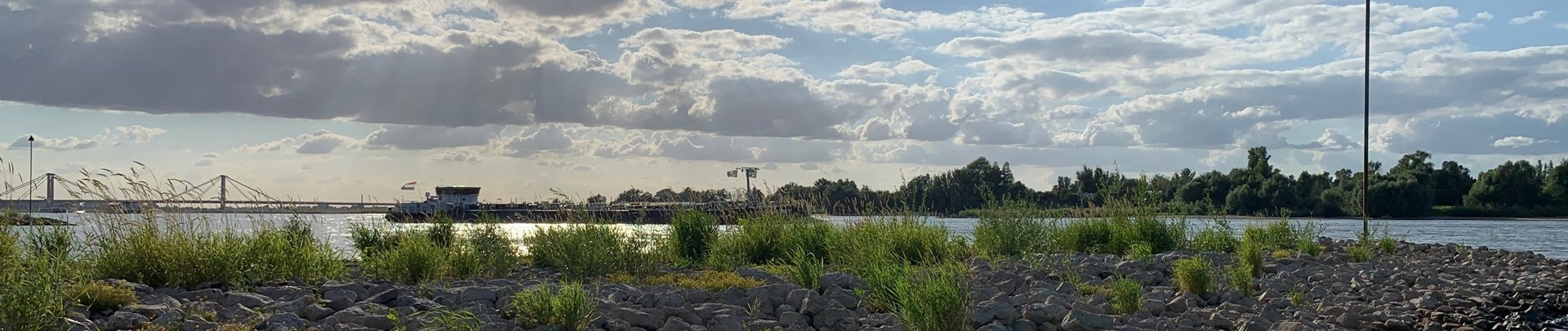 Een schip wat vaart op de waal met op de achtergrond de waalbrug